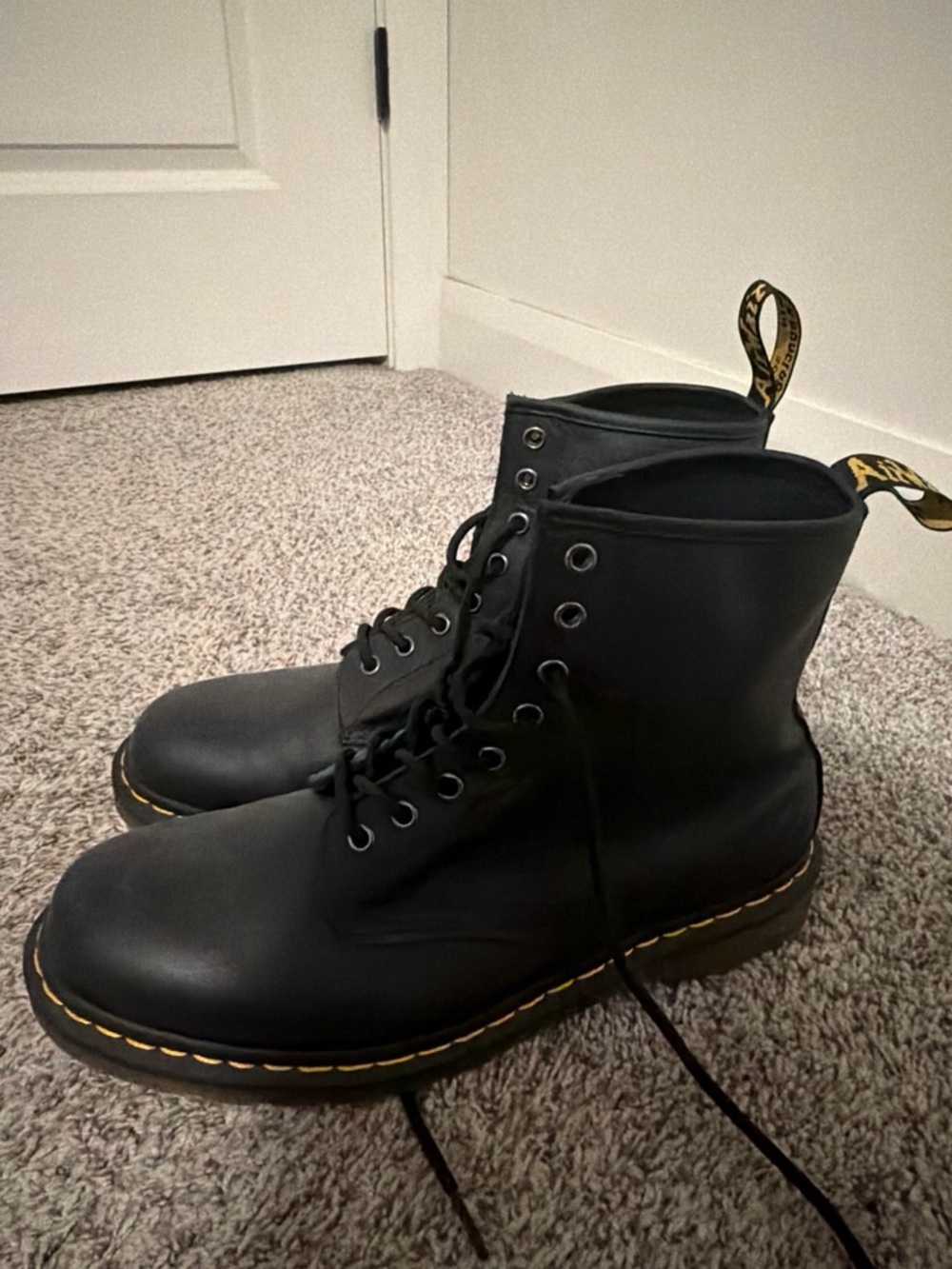 Dr. Martens Black Leather 8-Eye Lace-Up Boots with Yellow Stitching